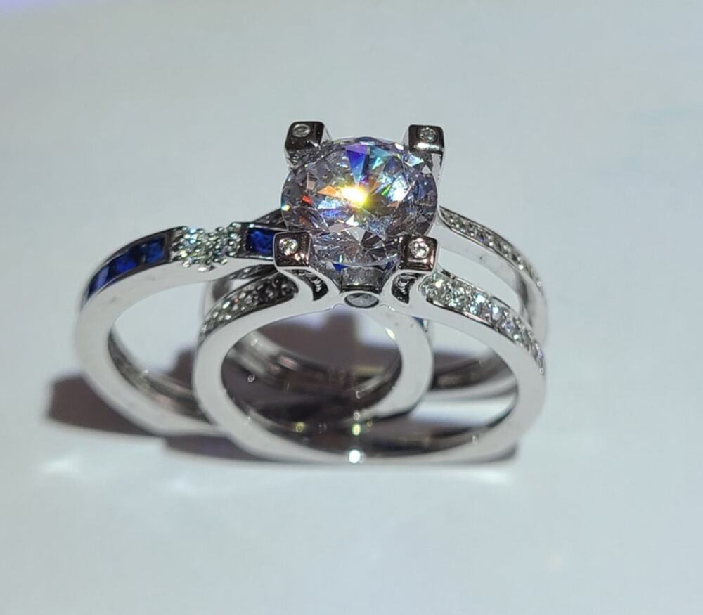 925 Sterling Silver Blue Sapphire CZ Ring Enhancer Bridal Set Size 7 NIB